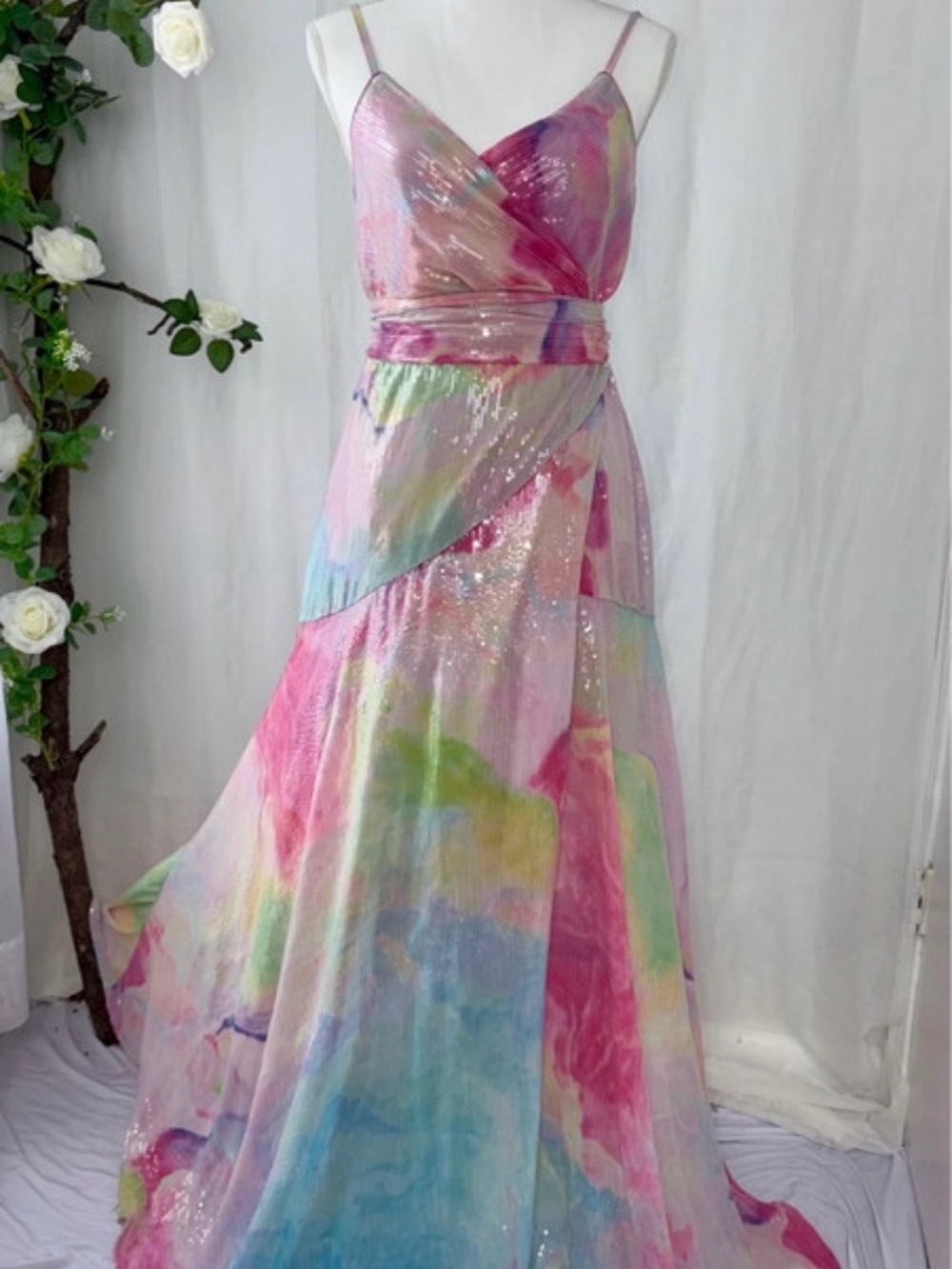 Hutch Pastel Watercolor Sequin Maxi Dress — Pink, Blue, Green